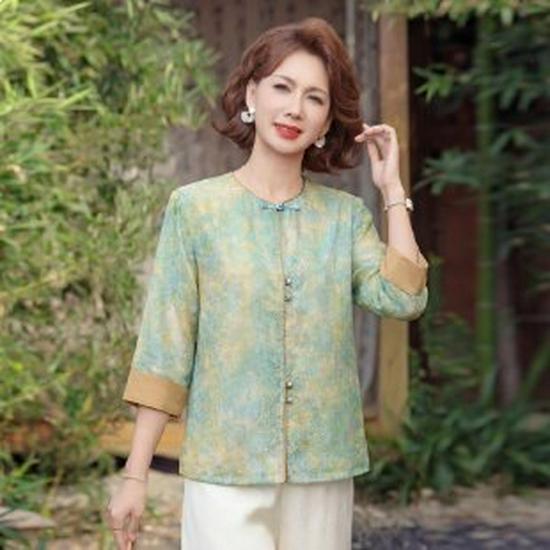 Summer 2026 Women s Seven-Sleeve Printed T-shirt for Middle-Aged & Elderly - Stylish, Chic Top for 50+ 4XL синий