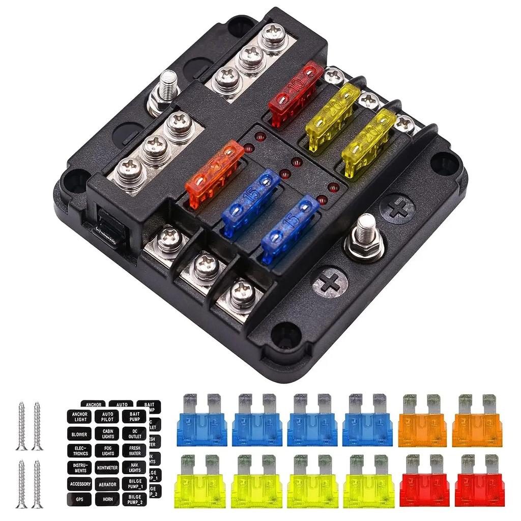Držák pojistkové skříňky s 6/12cestnou pojistkou 12-24V pro auto a loď s plastovým krytem pro napájecí panel, příslušenství pro karavany a obytné vozy