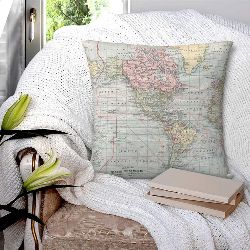 Vintage World Map Square Pillowcase Pillow Cover Polyester Cushion Decor Comfort Throw Pillow for Home Bedroom