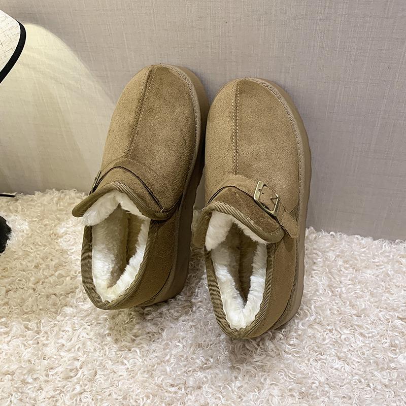 Fashion Metal Buckle Snow Boots Winter New Round Toe Spliced Suede Platform Anti-slip Wear-resistant Flat Cotton Boots