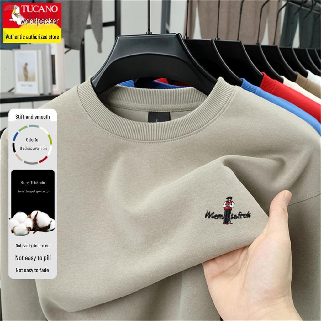 Men's Thickened Velvet Woodpecker Hoodie - Long Sleeve, Round Neck, Solid Color Cotton T-Shirt for Autumn/Winter