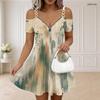 Women Plus Size Cold Shoulder Printed Dress V Neck Zipper Short Sleeve Chain Strap Flared Hem