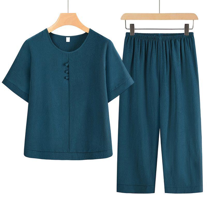 Mamas chinesisches Sommeroutfit: Kurzarm-Oberteil und Hose Set für Frauen mittleren Alters und ältere Frauen