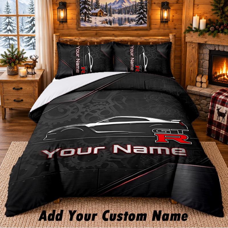 Nissan GT-R Pattern Bedding 3Pcs Set Custom Name, Bed Sheet And Pillowcases For Home Bedroom