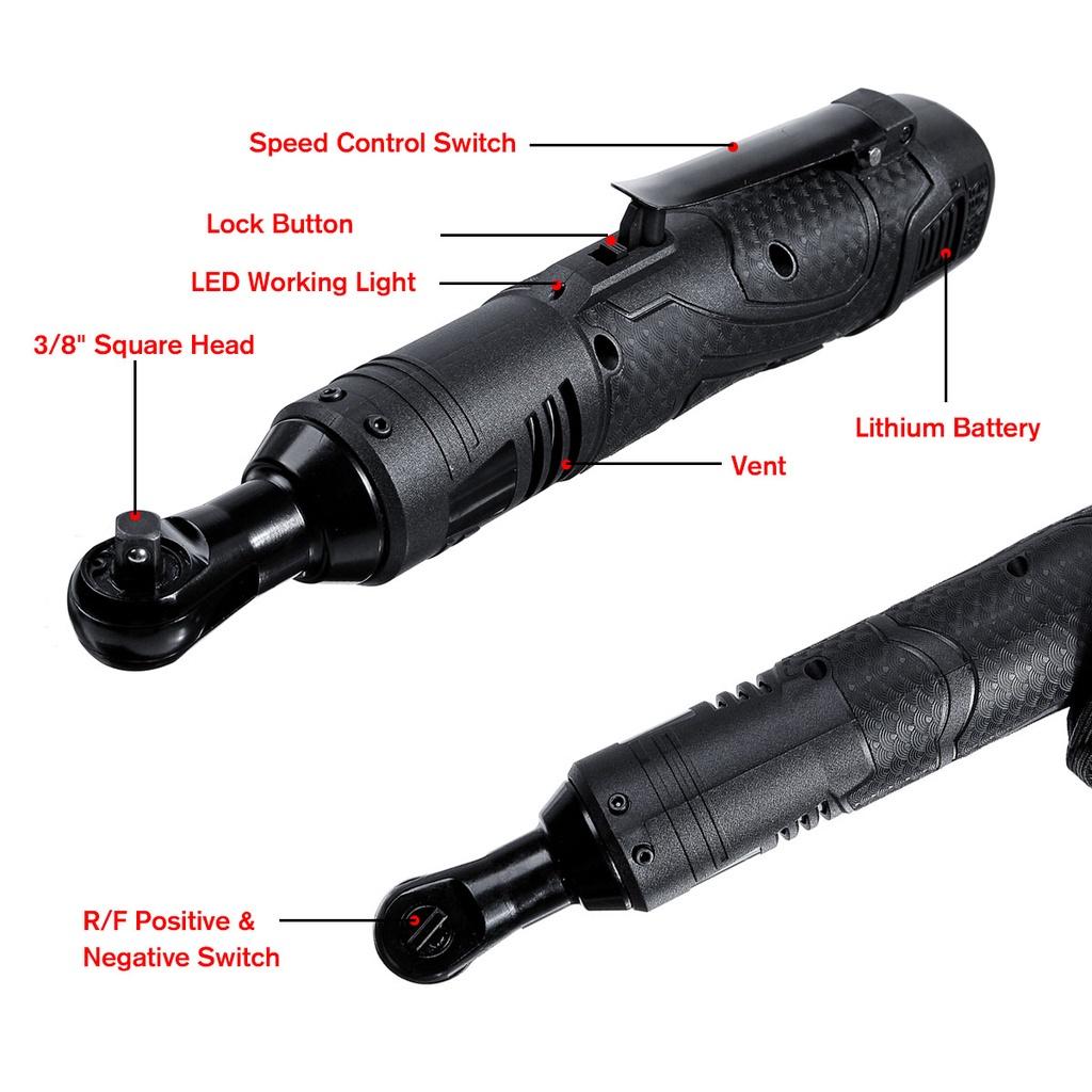 18V Electric Wrench 3/8 Cordless Ratchet with Battery LED Light Kit Right Angle Rechargeable Scaffolding 60N.m Torque