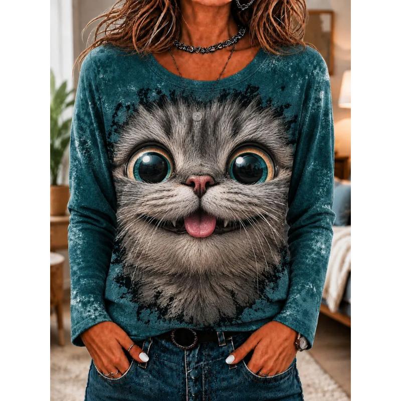Fashion Women's Crew Neck Long Sleeve 3D Casual Color Printing Casual Long Sleeve Crew Neck T-Shirt