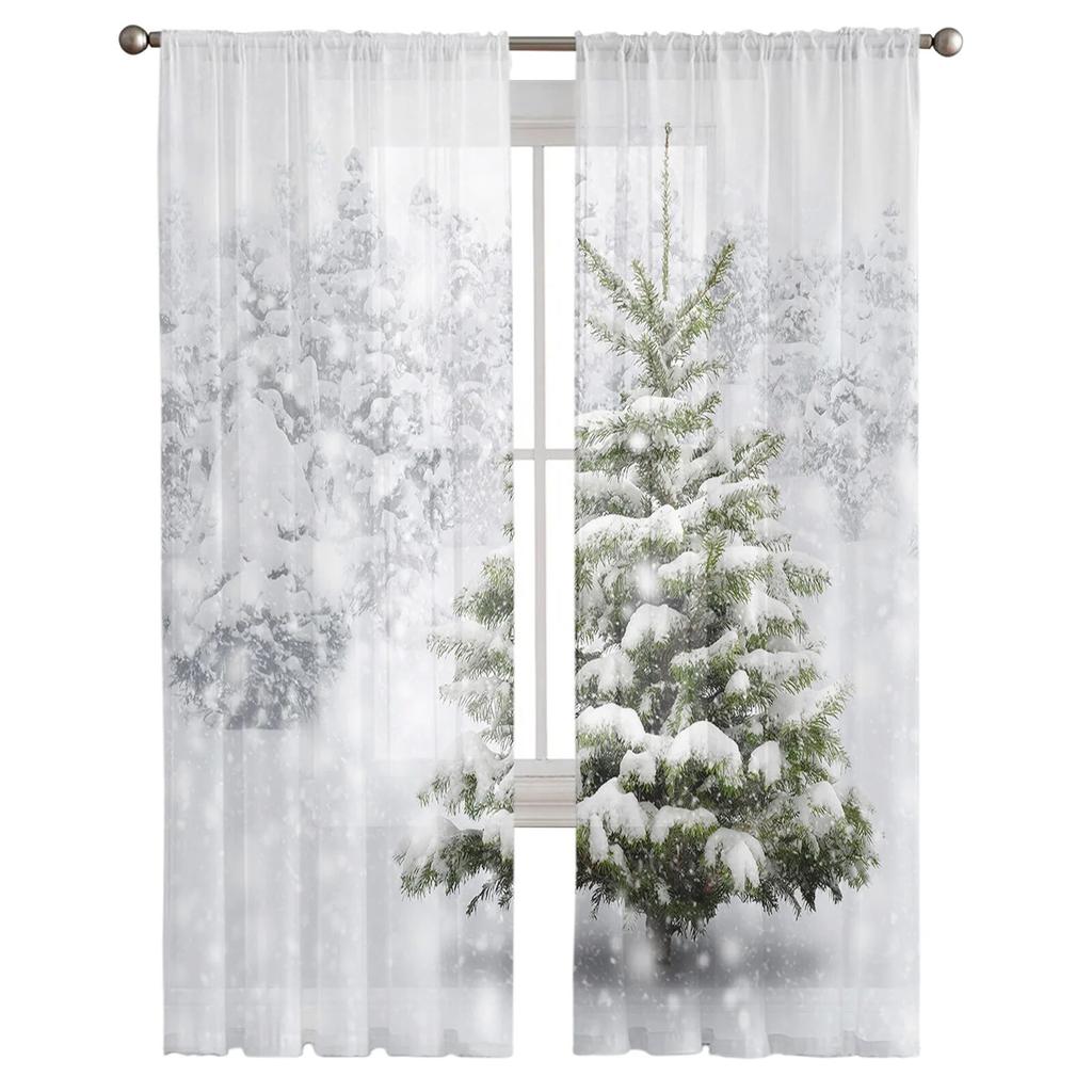 Christmas Tree Print Curtain Bedroom Living Room Cafe Xmas Snowflake Winter Semi Drape Voile Window Treatment Sheer For Sitting Made Of Polyester