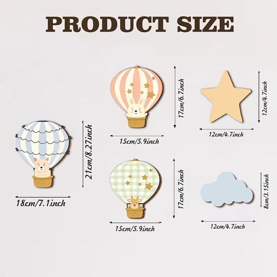 5 Pcs Star Cloud Hot Air Balloon Nursery Decor Boho Wooden Wall Hanging Sign for Bedroom Classroom Playroom Baby Shower Decoration