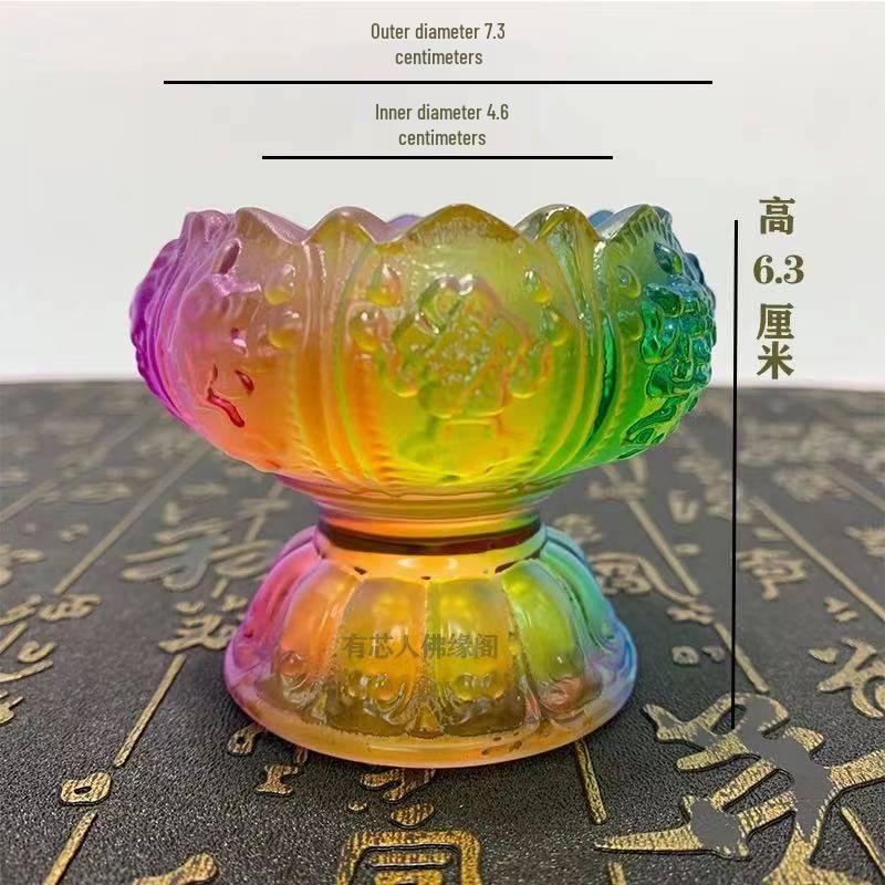 Colorful Lotus Ghee Lamp: Crystal Glass, Pure Copper Candle Holder for Buddhist Offerings