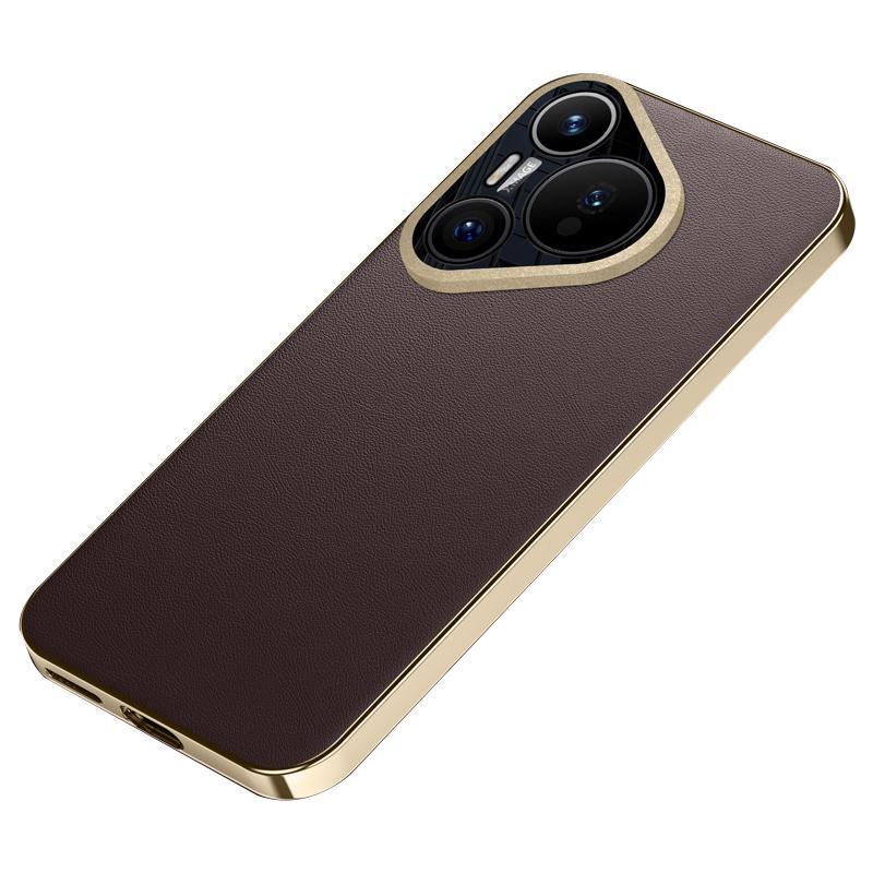 

For Huawei Pura 70 Case Electroplating TPU+Leather Phone Back Cover Brown