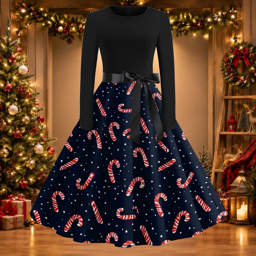 Women's Vintage Christmas Print Round Neck Casual Dress
