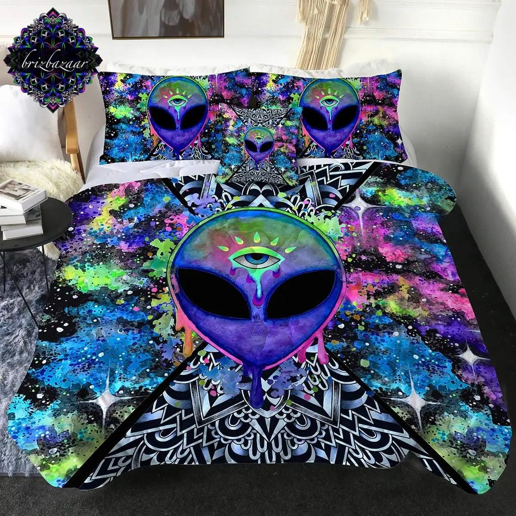 Trippy Alien Duvet Cover Set Queen Alien Skull Bedding Set Psychedelic Space Watercolor Colorful Queen Size Bedspread Alien Gift