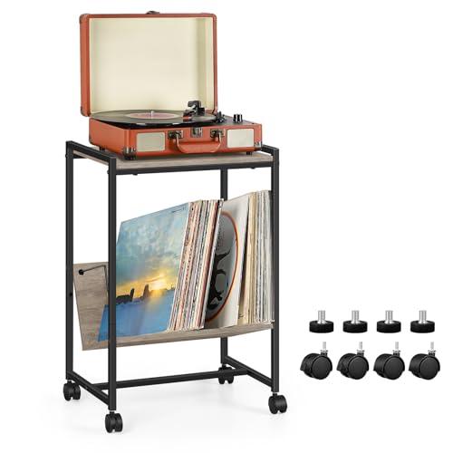 Record Player Table,2 Tier Record Player Stand,Vinyl Record Stand Storage with 4 Wheels, Turntable Stand for Bedroom Living Room