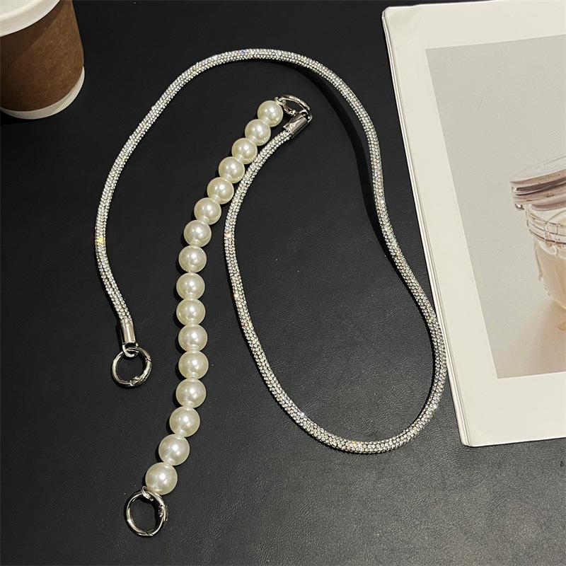 Pearl Silver Rhinestone Luxury Crossbody Phone Lanyard with Full Diamond Pendant, Wearable, Anti-Lost, Sturdy, Wrist Handheld.