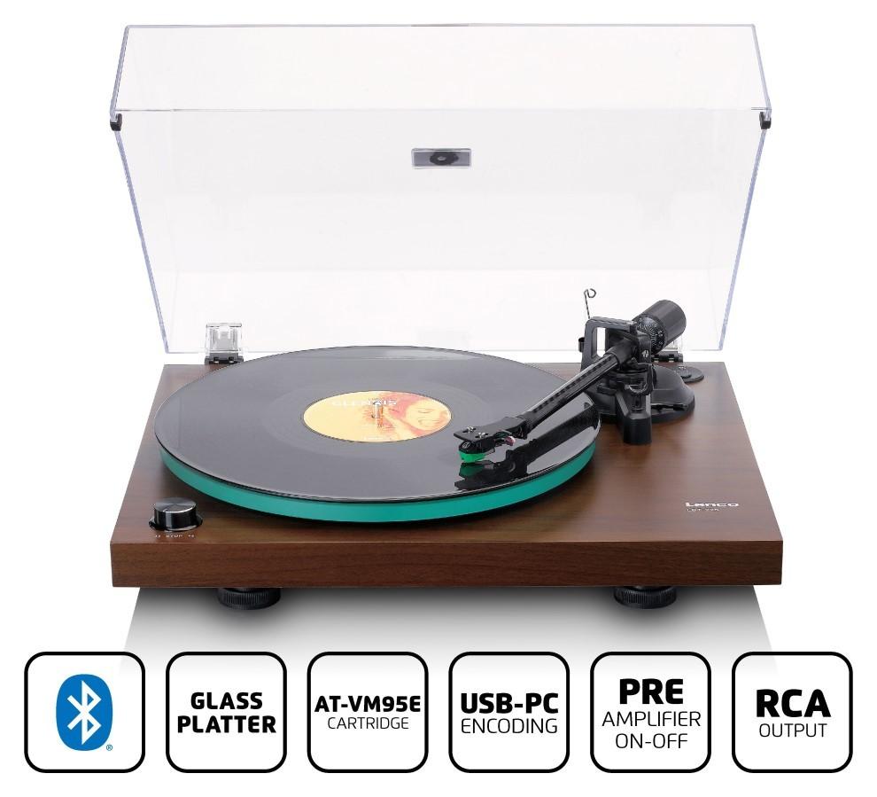 Lenco LBT-225WA - Gramofon Hi-Fi, szklany talerz, ramię z włókna węglowego, Lenco