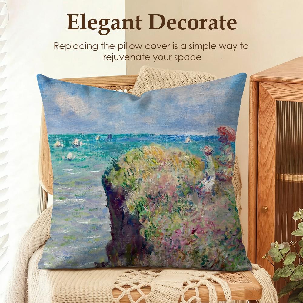 Claude Monet Oil Art Cushion Cover Natural Linen Organic Fabric Double-Sided Printing Sofa Home Decor Gift Pillow Case