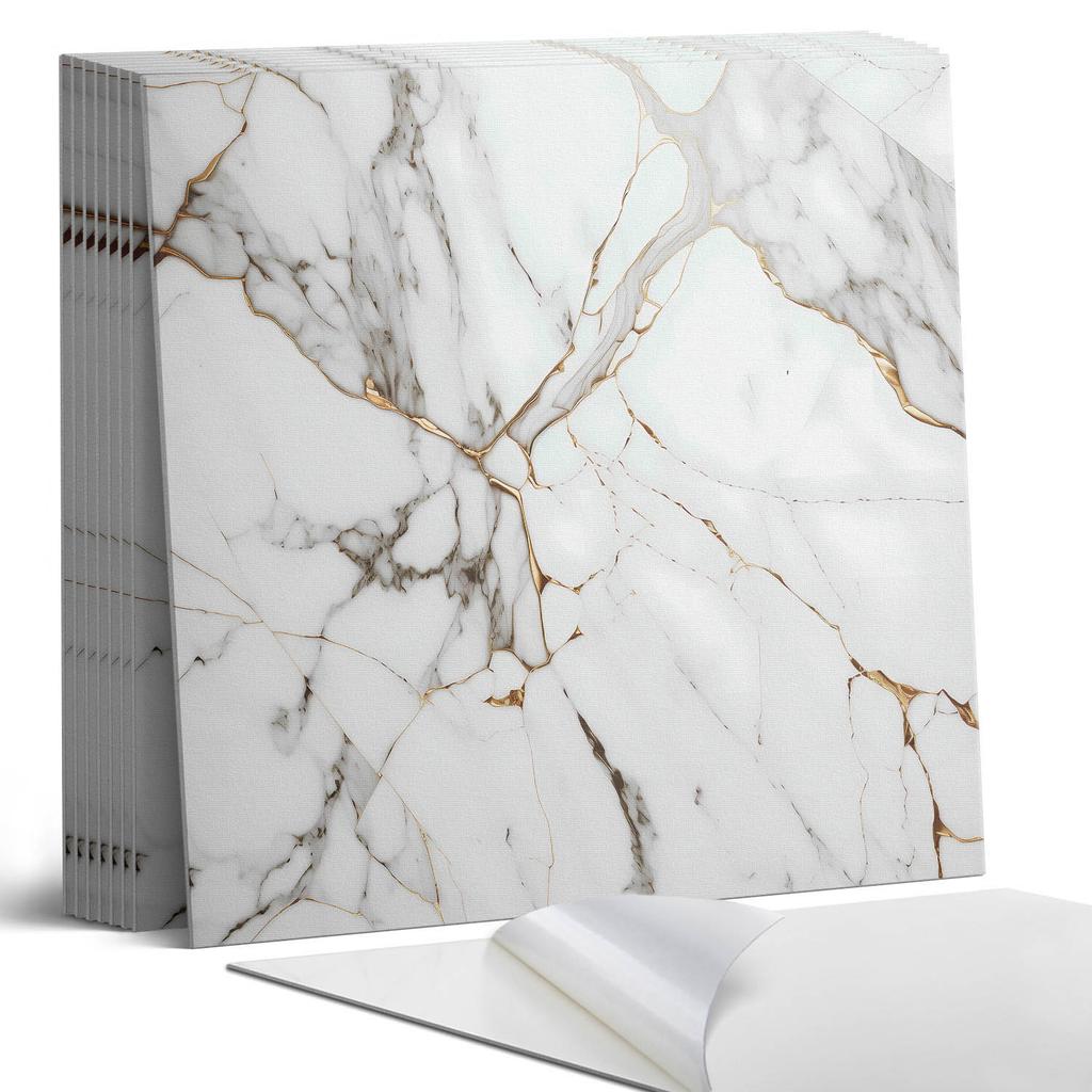 Set of PVC Tiles with Pattern, Self-Adhesive, for the Bedroom, Elegant Marble Pattern, 9x30x30 cm