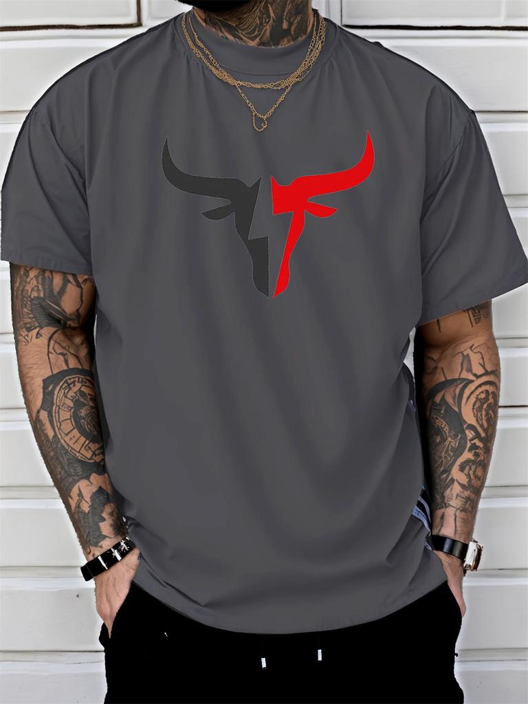 Summer Men's 100% Cotton Comfortable Casual Loose Fit Plus Size Bull Pattern Print Sports Round Neck Short Sleeved T-shirt Top