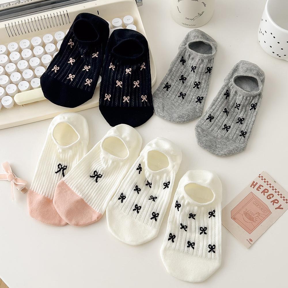 Socquettes nœud papillon, Maille respirante style ballerine pour femme, Antidérapantes, Antibactériennes, Talon anti-dérapant, Chaussettes courtes invisibles à décolleté bas