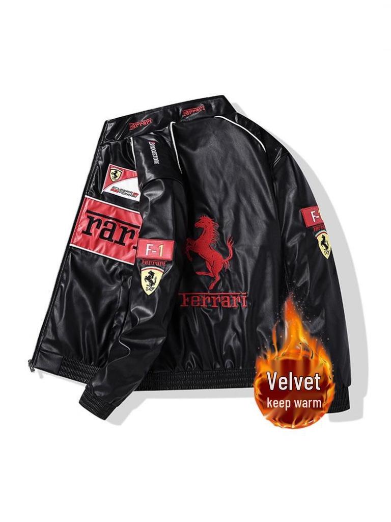 Motocyklová bunda z PU kože s fleecovou podšívkou a americkou výšivkou