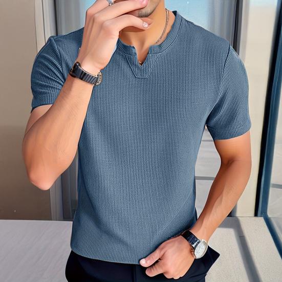 Tricou bărbați cu guler în V, mânecă scurtă, culoare solidă, Slim Fit, moale, respirabil, vară, casual, topuri, purtare zilnică