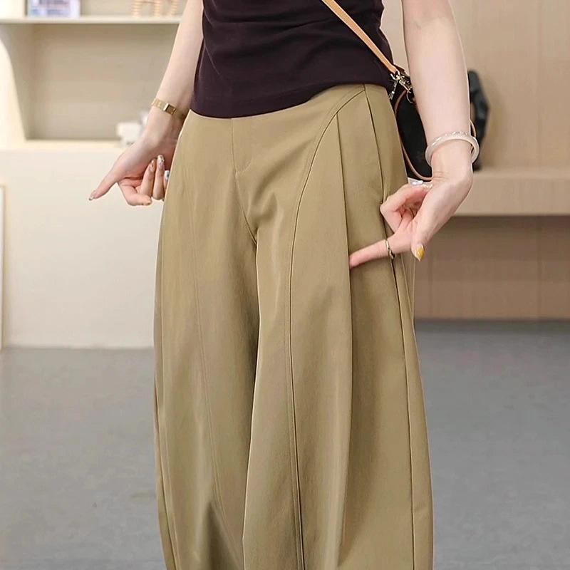 Women's High-Waisted Khaki Wide-Leg Pants with Side Pleats - Slimming, Trendy Fashion for Spring & Autumn 2025