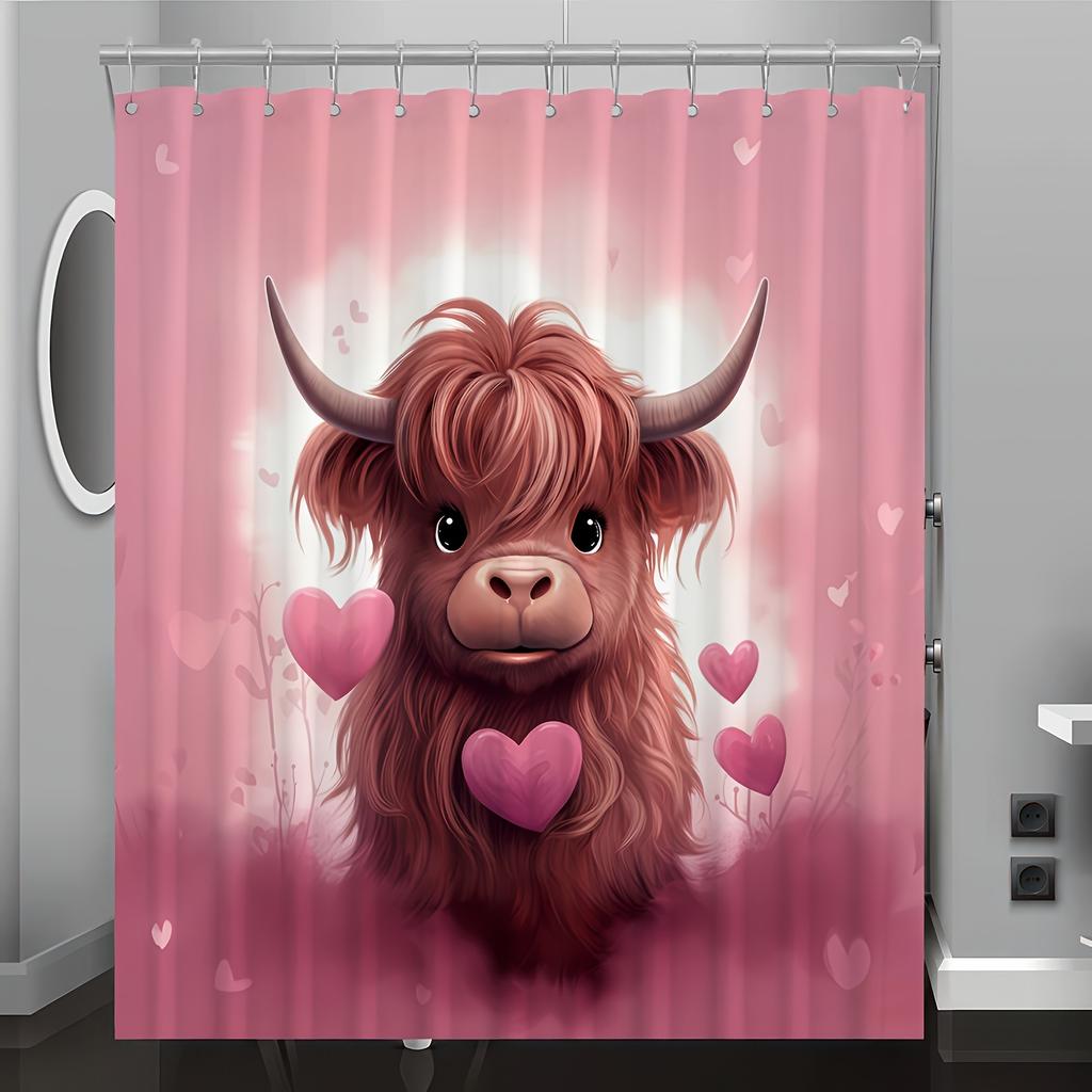 Adorable Pink Highland Cow Print Shower Curtain - Machine Washable,All-Season Knit Weave,Cartoon Animal Theme for Bathroom Decor
