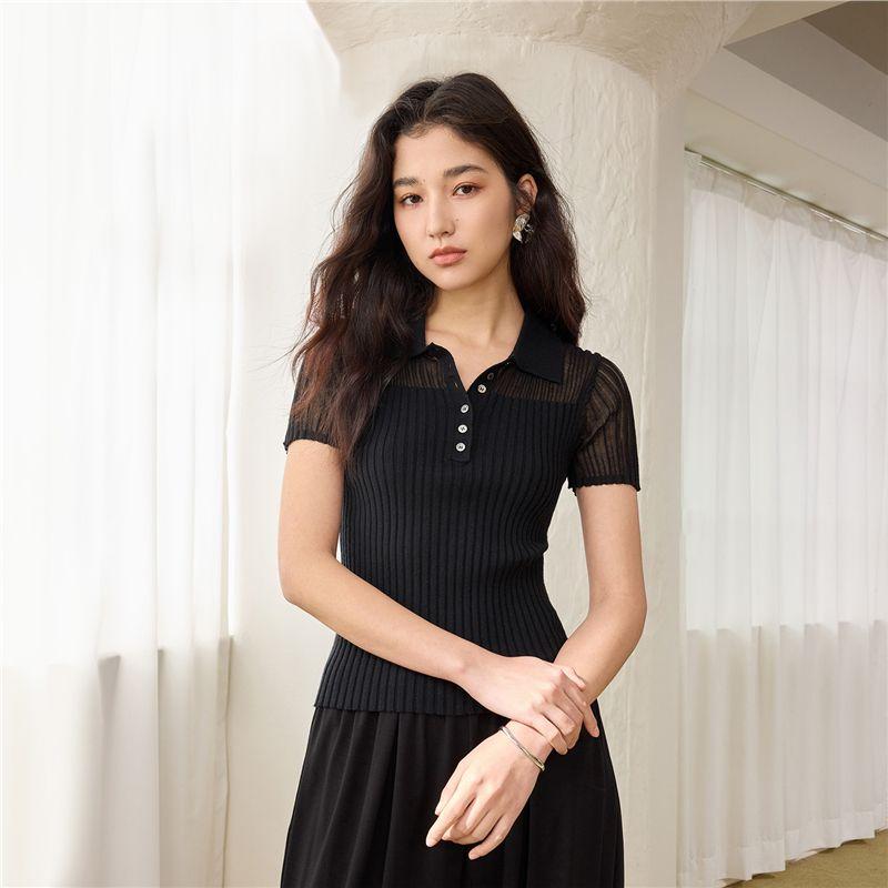 

Designer Model Giordano Short Sleeve Knitwear Women Fashion Patchwork Yarn Silm Polo Knitwear Women 18355203 09 ink black S(Small size)