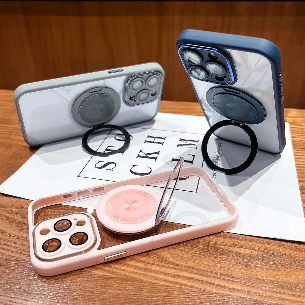 Luxury Magnetic 360 Rotate Bracket Phone Case for iPhone 16 15 14 13 Pro Max Transparent Acrylic TPU Cover