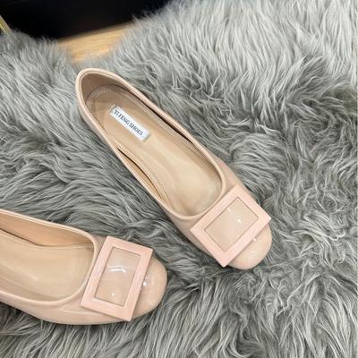 Sheepskin Version~ Inner Height Increase Classic Square Buckle Shallow Mouth Leather Small Leather Shoes Women's One-pedal Round Head Commuting Shoes