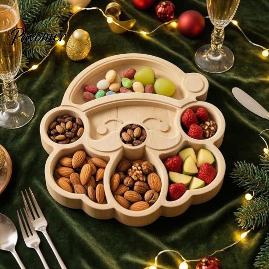 Solid Wood Fruit Bowls Wooden Christmas Divided Tray, Gingerbread Man Santa Xmas Tree Compartment Snack Rustic Kitchen Table Decor Platter,