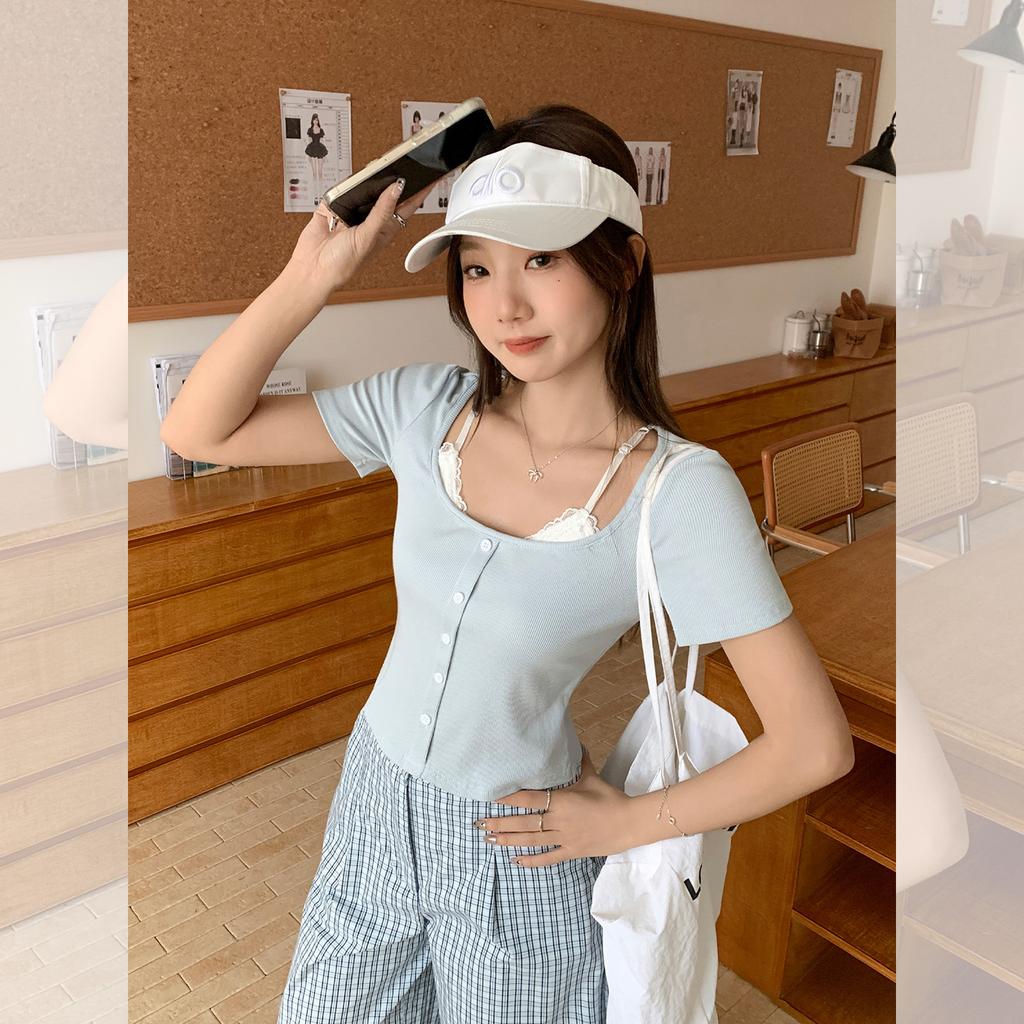 Design Lace Splicing Fake Two-piece Unique Short-sleeved T-shirt Women's Summer Beauty Slim-fitting Clavicle Top