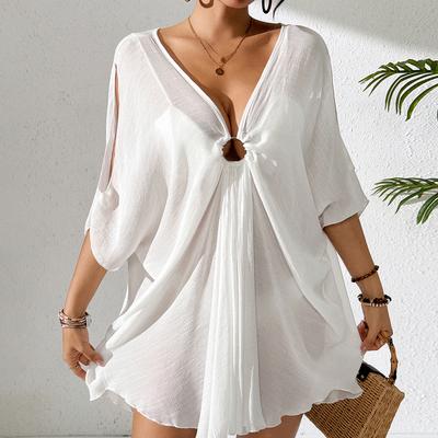Pure Color V-Neck Lightweight Transparent Loose Dress Beach Casual Comfort Sun Protection Cover Up Fashion Beachwear