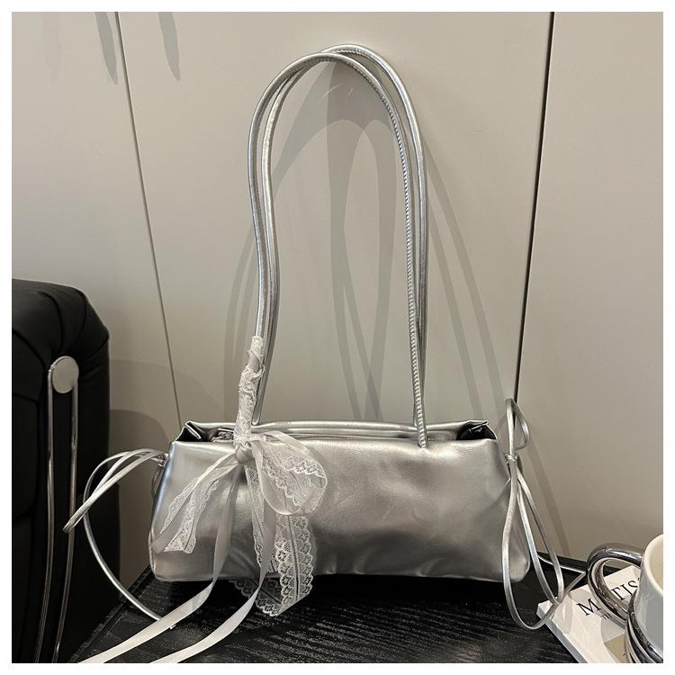 2025 New Oil Wax Leather Bowknot Baguette Bag for Women - Spring/Summer Fashion Simple Texture Underarm Shoulder Bag