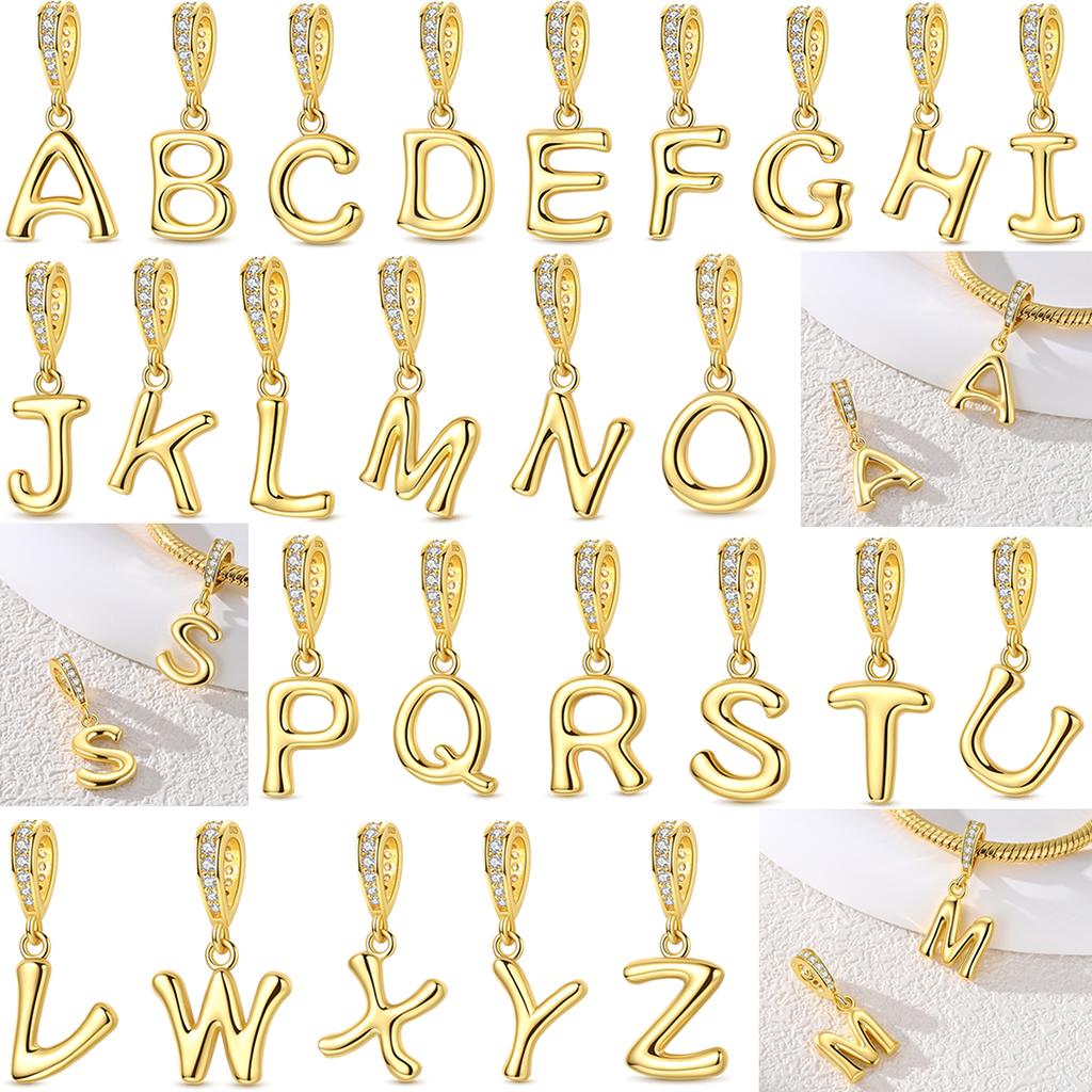 Golden Letters Decorative Charms Bead Genuine Copper Cz Zircon A-Z Alphabet Pendant Piece Suitable For Authentic Bracelet Style Diy Jewelry Creation