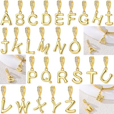 Golden Letters Decorative Charms Bead Genuine Copper Cz Zircon A-Z Alphabet Pendant Piece Suitable For Authentic Bracelet Style Diy Jewelry Creation