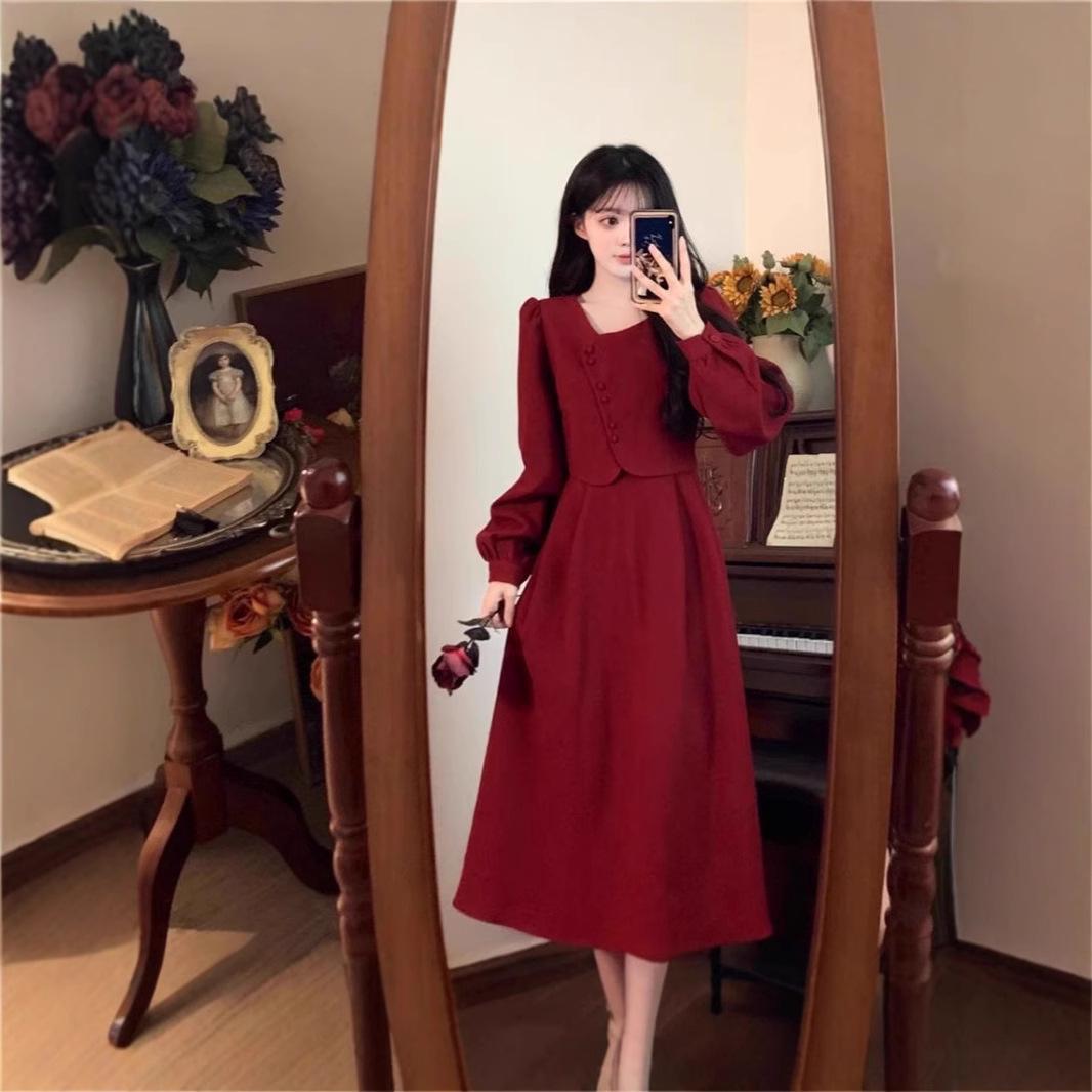 

Женское ретро-платье красного цвета в французском стиле Хепберн 2024: Осень/Зима Утягивающий талию XL красный