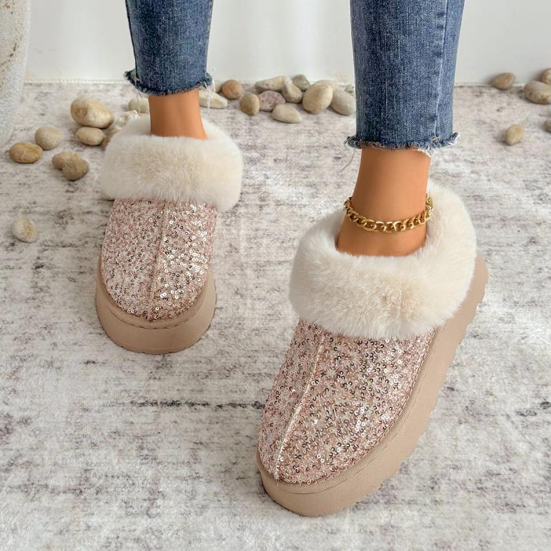 Fashion Luxury Sequined Fabric Non Slip Snow Boots Women 2025 Winter Comfort Fur Thick Bottom Ankle Boots Warm Short Plush Booties