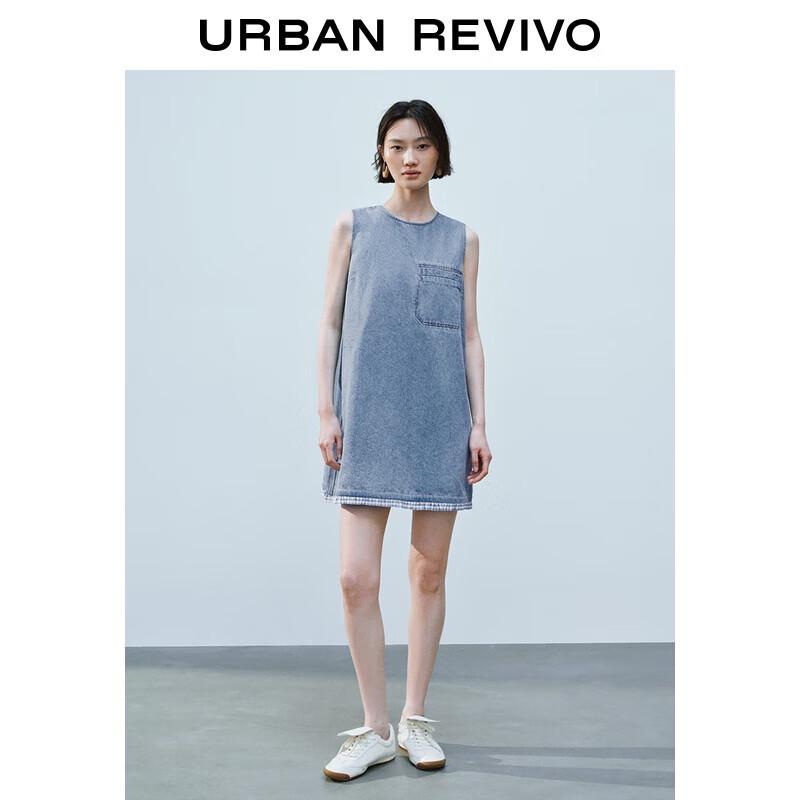 

UR2025 Women s Casual Patchwork Plaid Sleeveless Denim Dress XL