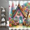 Cartoon Watercolor House Tree Flower Shower Curtain, Bathroom Decorative Shower Curtain, Waterproof Shower Curtain with Hooks