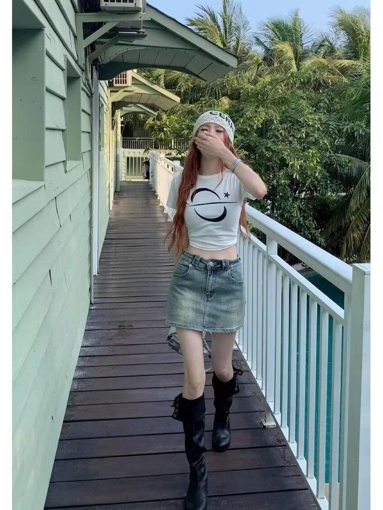 2025 Summer Women's High Waist Distressed Denim A-Line Skirt