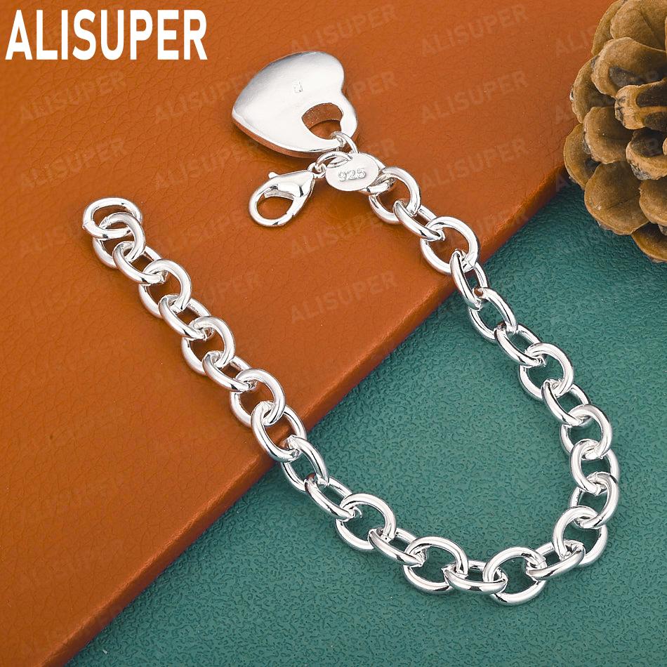 925 Sterling Silver Polished Heart Tag Bracelet - Beautiful Gift Jewelry 20cm