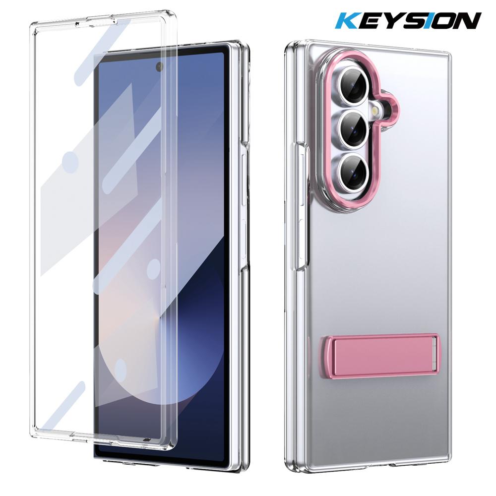 KEYSION Transparent Case for Samsung Galaxy Z Fold 7 Hard PC Metal Kickstand Shockproof Phone Cover with Glass Screen Protector