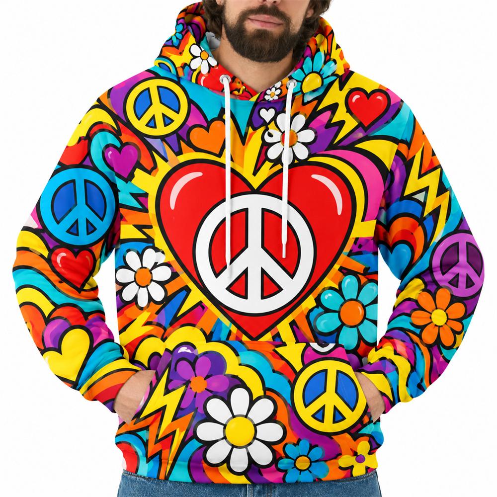 Colorful Peace Sign Hoodie For Men Retro Hippie Flower Heart 3D Printed Pullover Hoodie Checkerboard Graphic Hooded Sweatshirt