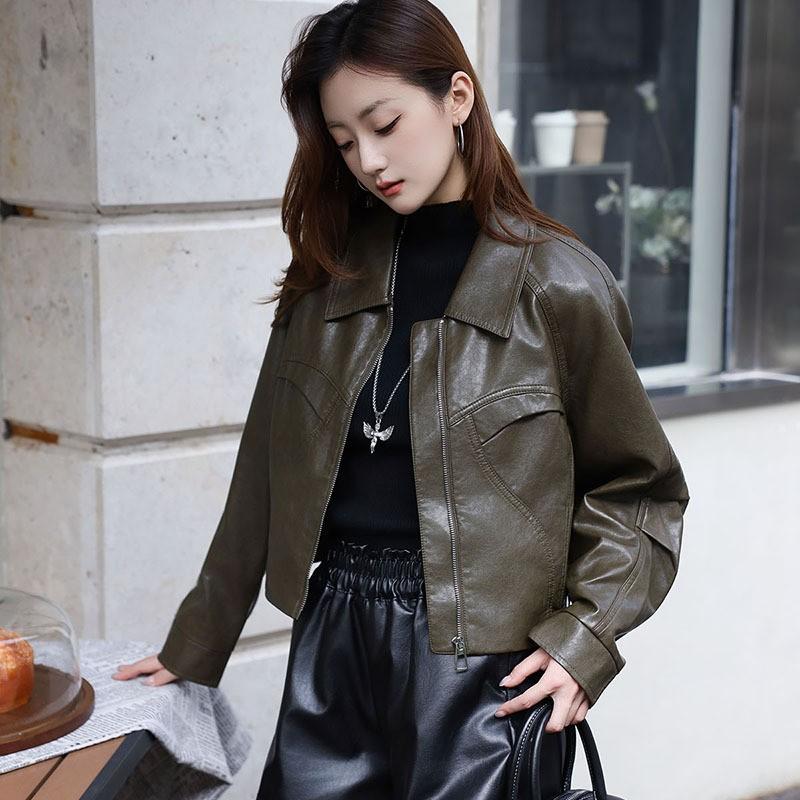Womens Short PU Leather Jacket Slim Fit Turn-Down Collar Washed Faux Biker Style Coat