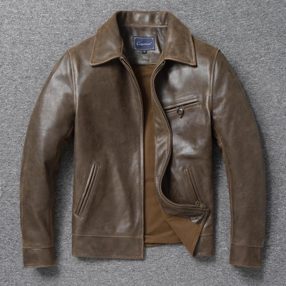 Chinese Size 1940 Style Men Leather Jacket Uncoated Cracked Goatskin Leather Soft Slim Spring Autumn
