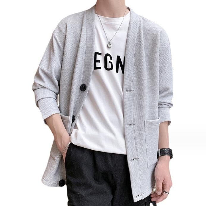 Emptio Simple Long Sleeve Korean Office Slim Half Washable Moe Waffle Light Gray Men's Cardigan, Washable, Warm, Knit, Oversized, Stylish, Wear, Fit,