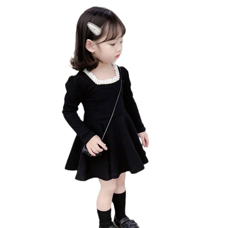 Girls Long Sleeve Black Dress for Spring Autumn Princess Base Layer