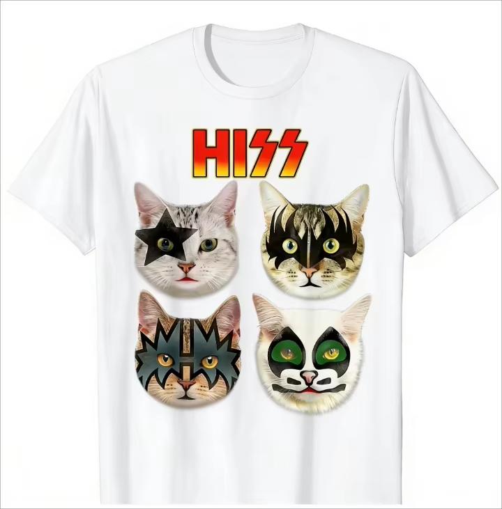 HISS KISS Band Cat Print TShirt Casual Cotton Tee Soft Tops for Rock Music Fans Cat Lovers Humorous Harajuku Oversized T Shirt