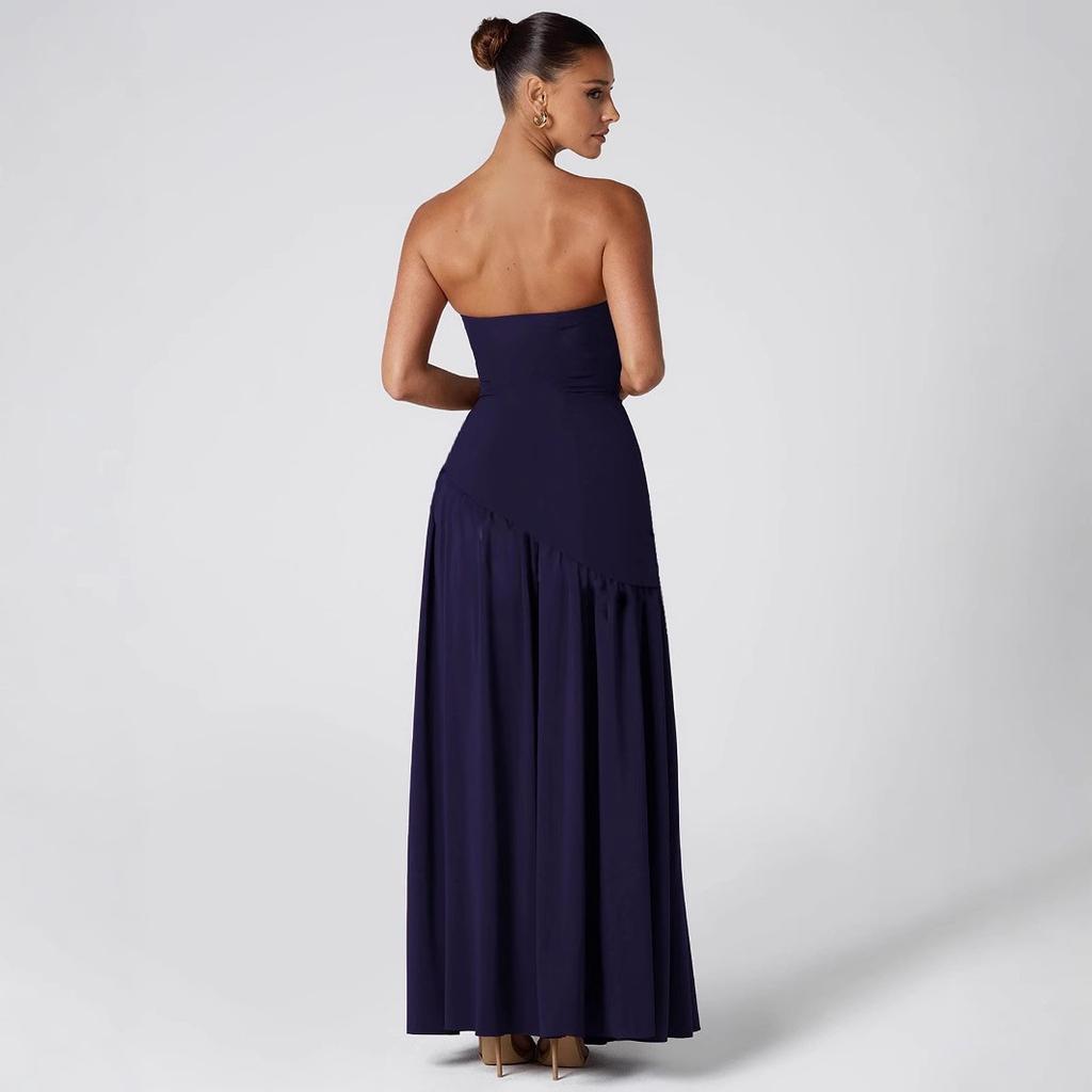 New European And American Sexy Diagonal Splicing Tube Top Dress Dress Women'S Long Skirt Pleated Tube Top